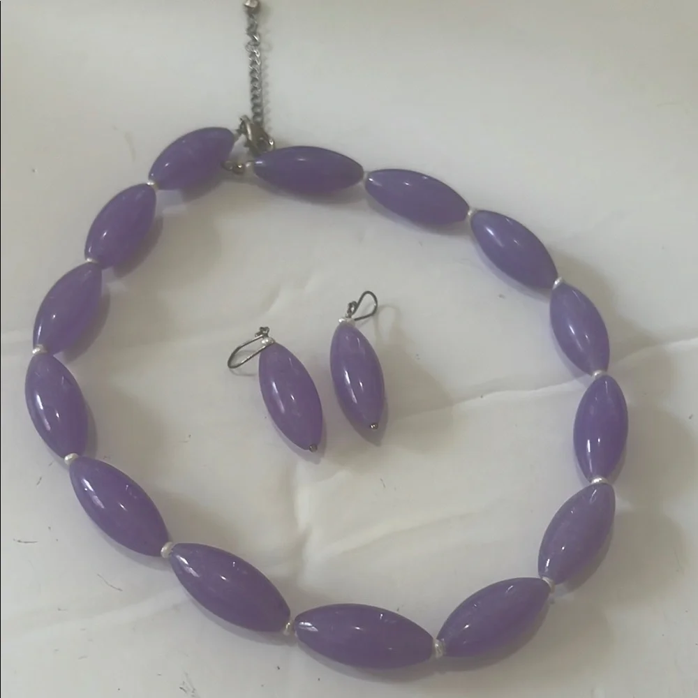 LAVENDER JADE PURPLE GEMSTONE‎ STERLING SILVER SIGNED GSJ NECKLACE & EARRING SET